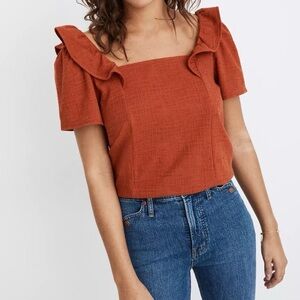 Madewell Crosshatch Ruffled Top Shirt Blouse Rusty Torch Square Neck Women’s XS